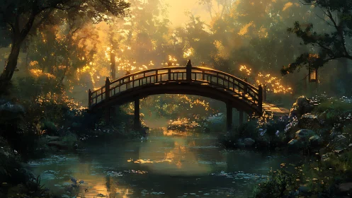 Golden hour wooden bridge over tranquil forest stream.
