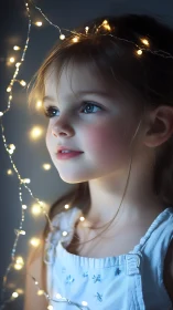 Child with string lights and upward gaze composition.