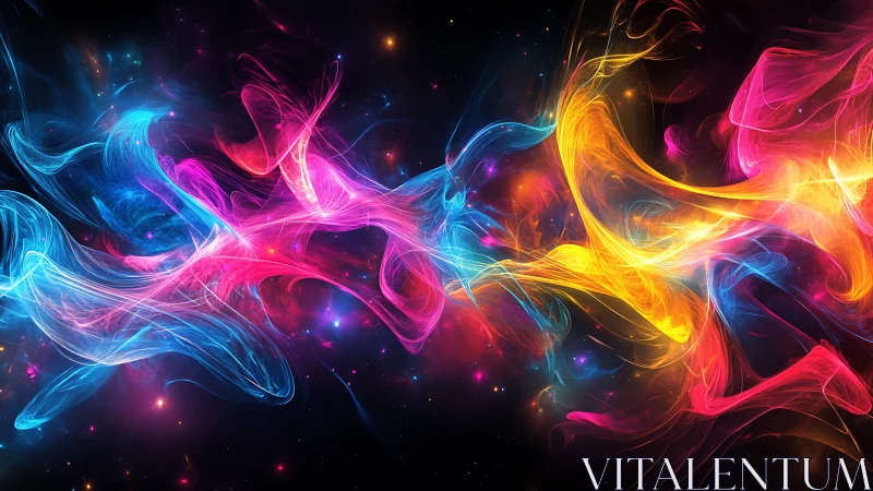 Colored light trails intersect across a dark cosmic field