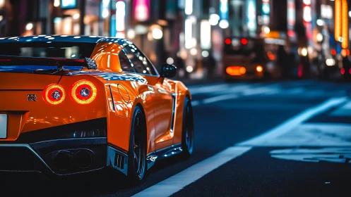Neon-lit orange sports car idling on glossy night street.