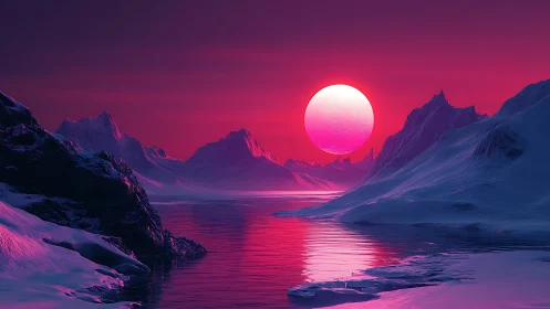Neon polar seascape with surreal magenta sun and glaciers.