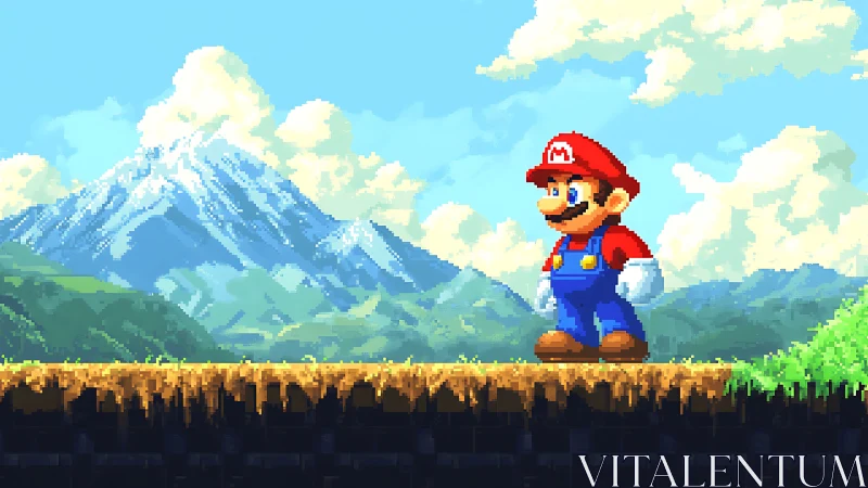 Pixel art Mario standing on platform before mountains.