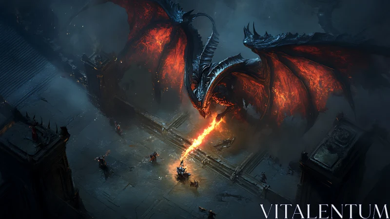 Firelit dragon showdown above a crumbling stone fortress.