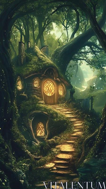 Tree-root cottage with glowing windows on stone path at dusk.