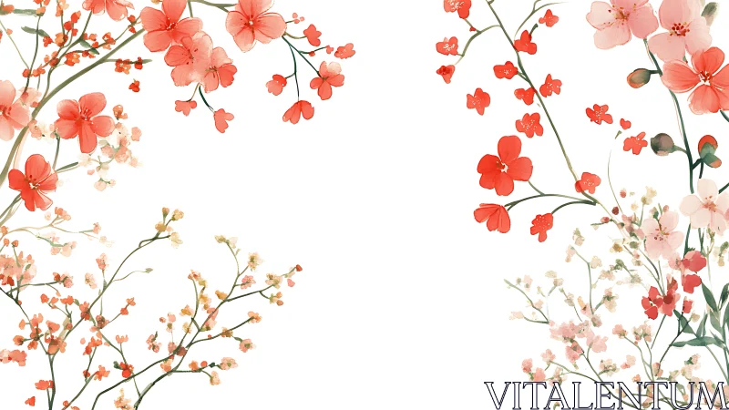 Coral Blooms Against White Canvas: Delicate Floral Composition.