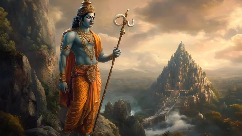 Mythic deity overlooking monumental temple city landscape.