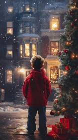 Child in red coat near outdoor Christmas tree at night.