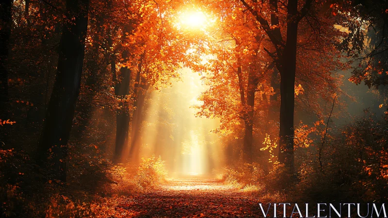 Golden sunrise light through autumn forest pathway.