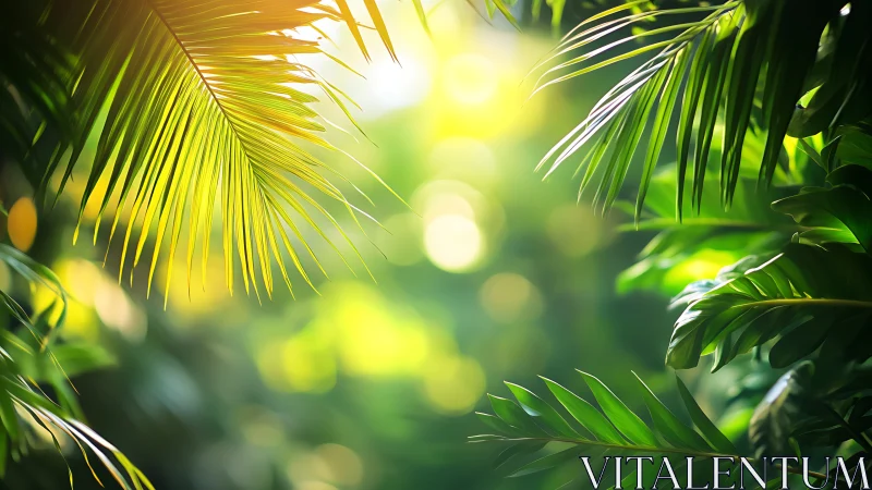 Sunlit tropical foliage with palm leaves in soft focus.