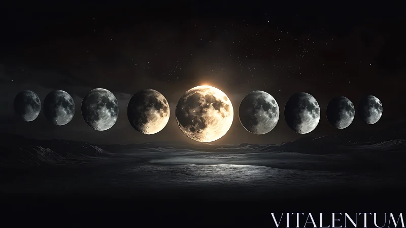 Lunar phases align over shadowed desert under star-dense sky.