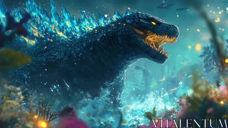 Titan kaiju storms neon surf under electric storm.