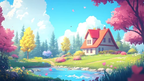 Idyllic gabled cottage amid stylized spring forest and pond