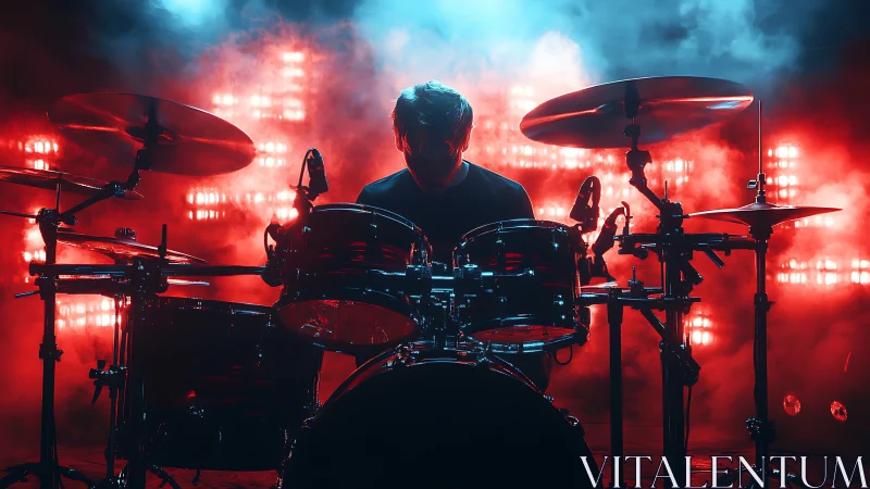 Silhouetted drummer on stage with red and blue backlighting.