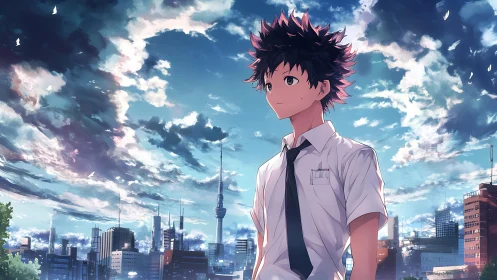 Pensive anime student stands over sunlit futuristic city skyline