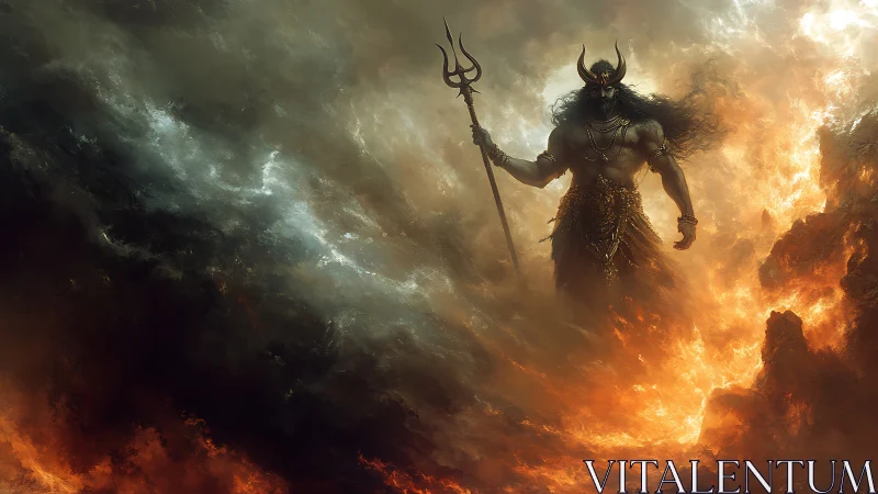 Horned fire god strides through infernal storm clouds