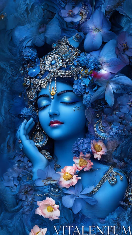 Blue-skinned jeweled figure lies amid dense blue floral field