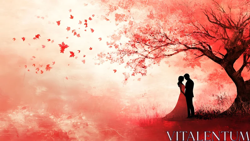 Romantic Couple Embracing Under Crimson Autumn Tree
