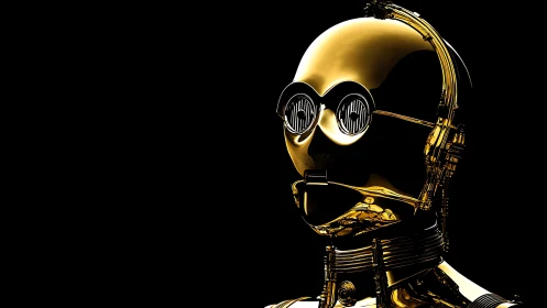 Gold humanoid robot portrait against black background.