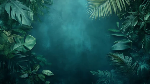 Dense tropical foliage framing blank teal center field.