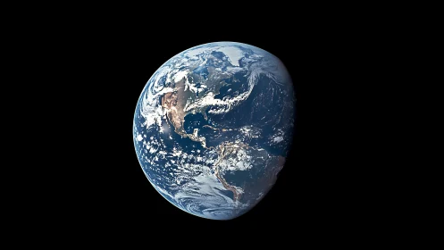 Earth from space with visible Americas and cloud systems.