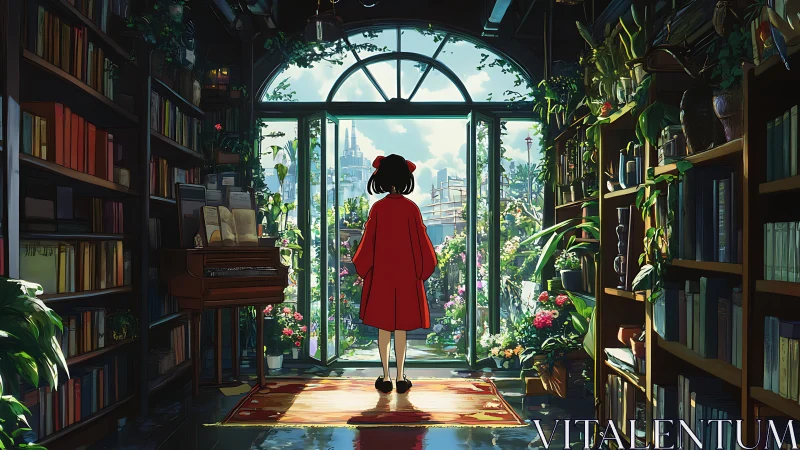 Girl in red coat stepping from cozy library into sunlight.
