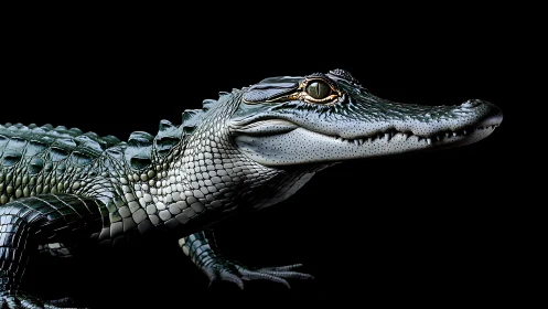 Side profile of detailed crocodile on black background.