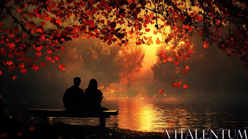 Couple Silhouetted Under Autumn Foliage at Golden Sunset.