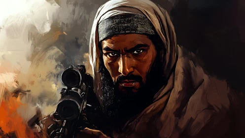 Armed man in keffiyeh with rifle in dramatic portrait.