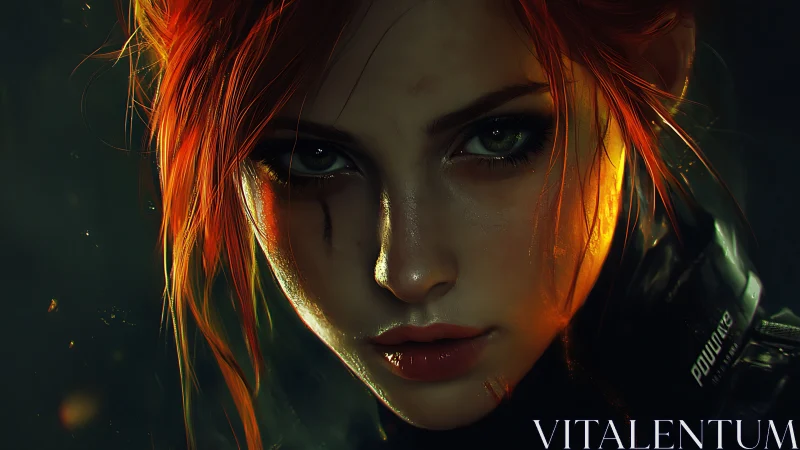 Fiery haired warrior portrait with intense focused stare.
