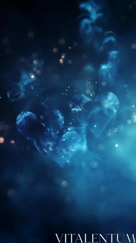 Bokeh-illuminated nebular hearts in blue particulate haze.