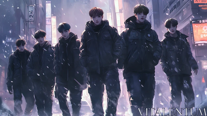 Urban night squad advances through neon-lit winter street