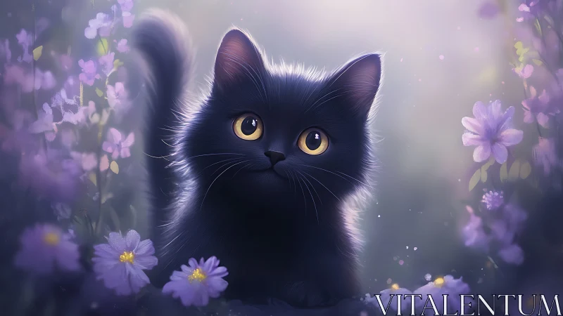 Black Cat with Golden Eyes Among Purple Flowers.