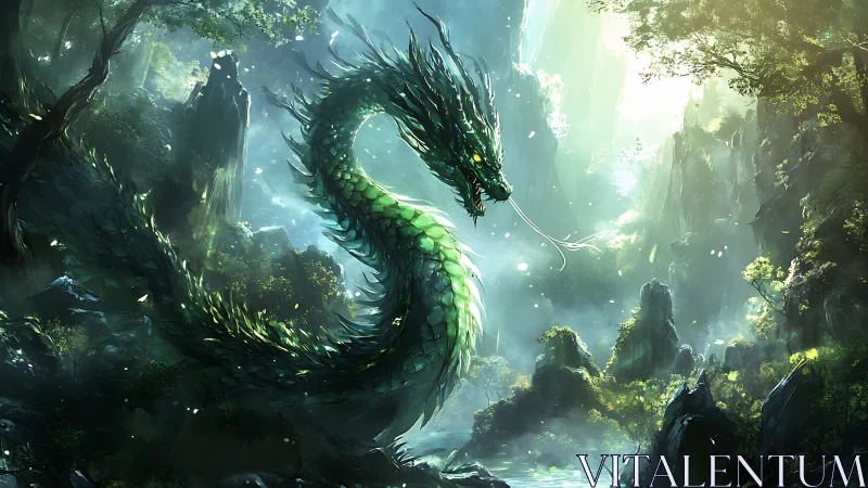 Emerald forest dragon coiled through misty mountain valley.