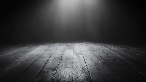 Spotlit empty wooden stage in dramatic chiaroscuro light.