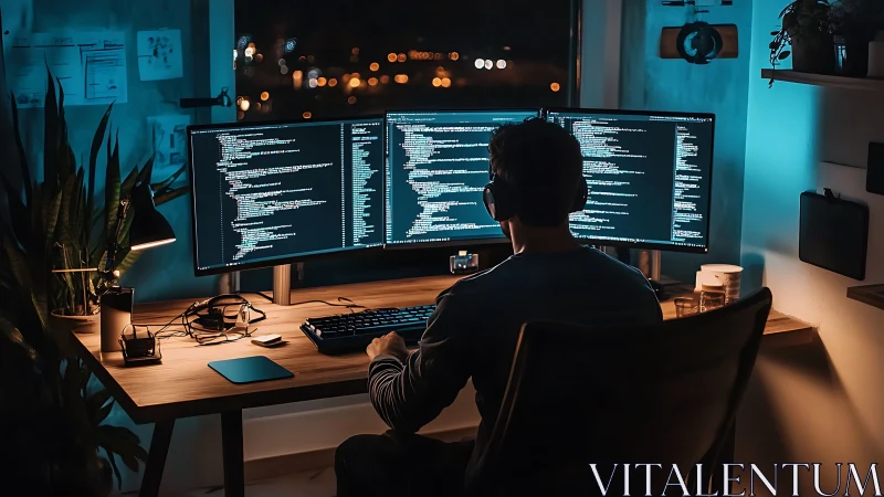 Cozy night coder immersed in glowing dual screens at home.