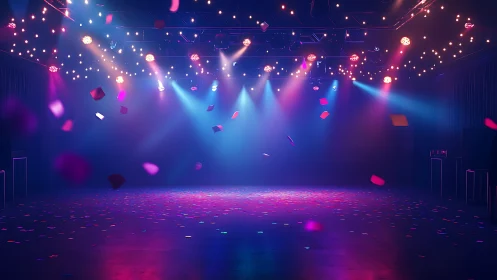Color soaked dance floor glowing under confetti lights.