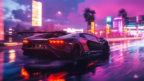 Sleek sports car gliding through neon soaked city streets.