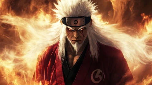 White haired warrior in red robe stands amid surrounding flames