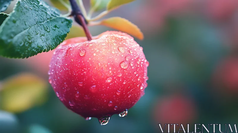 Red apple with dewdrops hangs from branch in soft focus