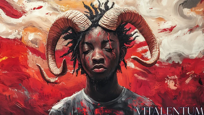 Expressionist portrait with ram horns and visceral red field.