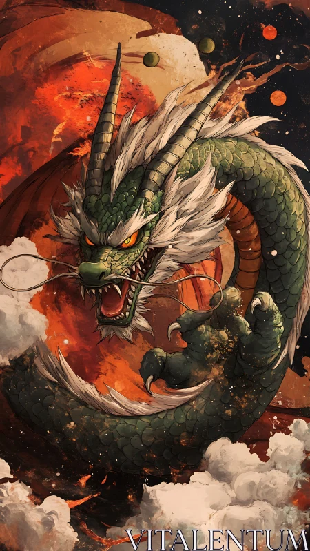 Majestic cosmic dragon swirling through fiery skies.