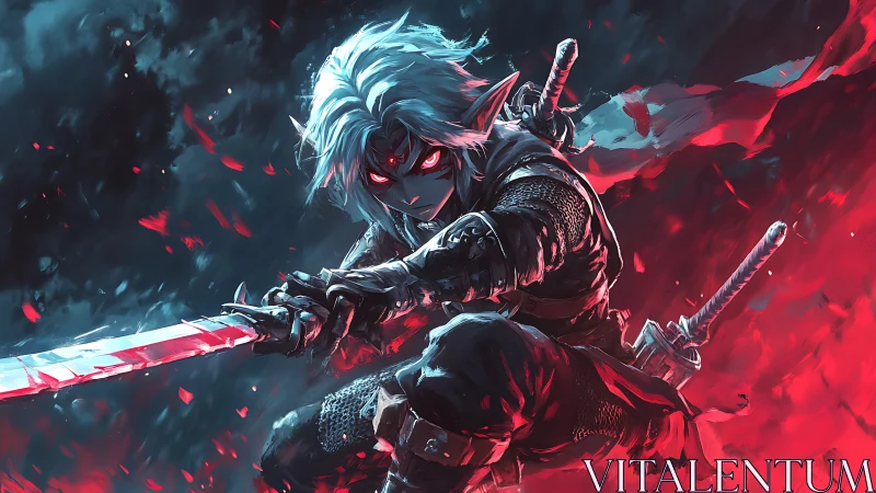 Shadowlit elf warrior leaps forward with blazing red blade