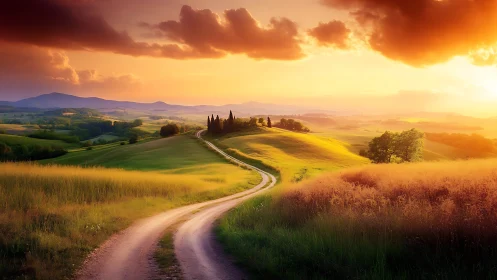Curving dirt road crosses sunlit rolling hills under dramatic sky
