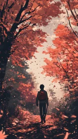 Solitary hiker on forest path under dense autumn foliage.