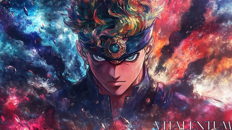 Fierce anime warrior stares ahead amid cosmic firestorm