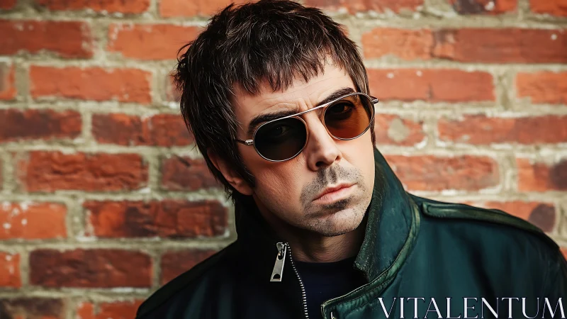 Brooding man in sunglasses leans against gritty brick wall