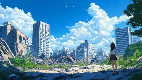 Girl observes urban ruins under clear sky in wide view