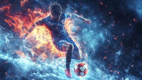 Digital soccer player amid fire and ice visual effects.