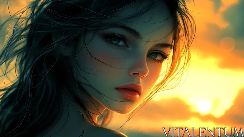 Soft sunset gaze with windswept hair and glowing light.