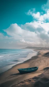 Solitary teal rowboat on empty sandy shoreline under clouds.